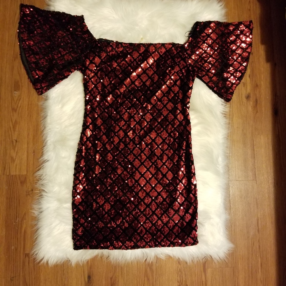 Red sequin off the shoulder party dress